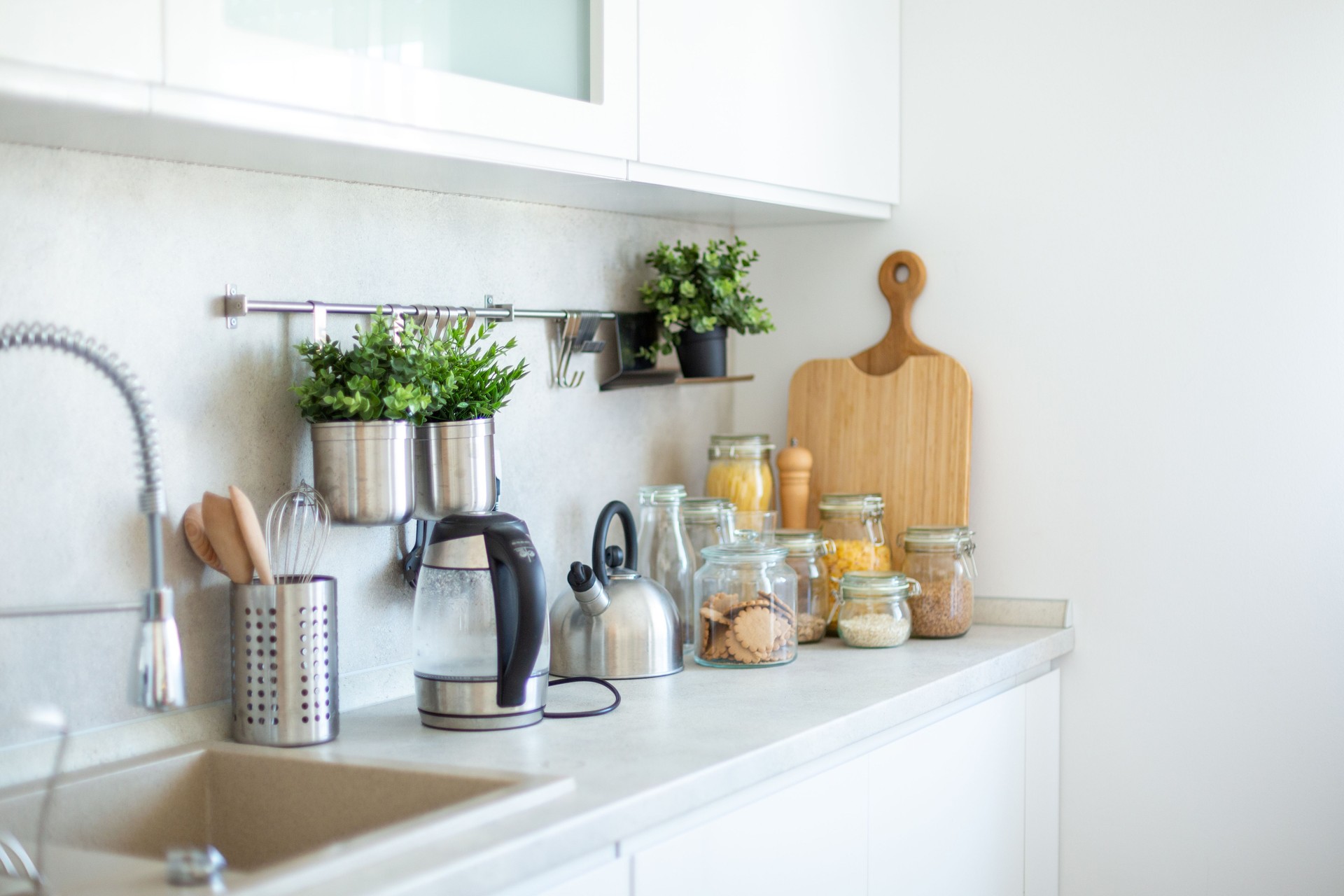 Modern kitchen countertop with utensils and food showing healthy lifestyle