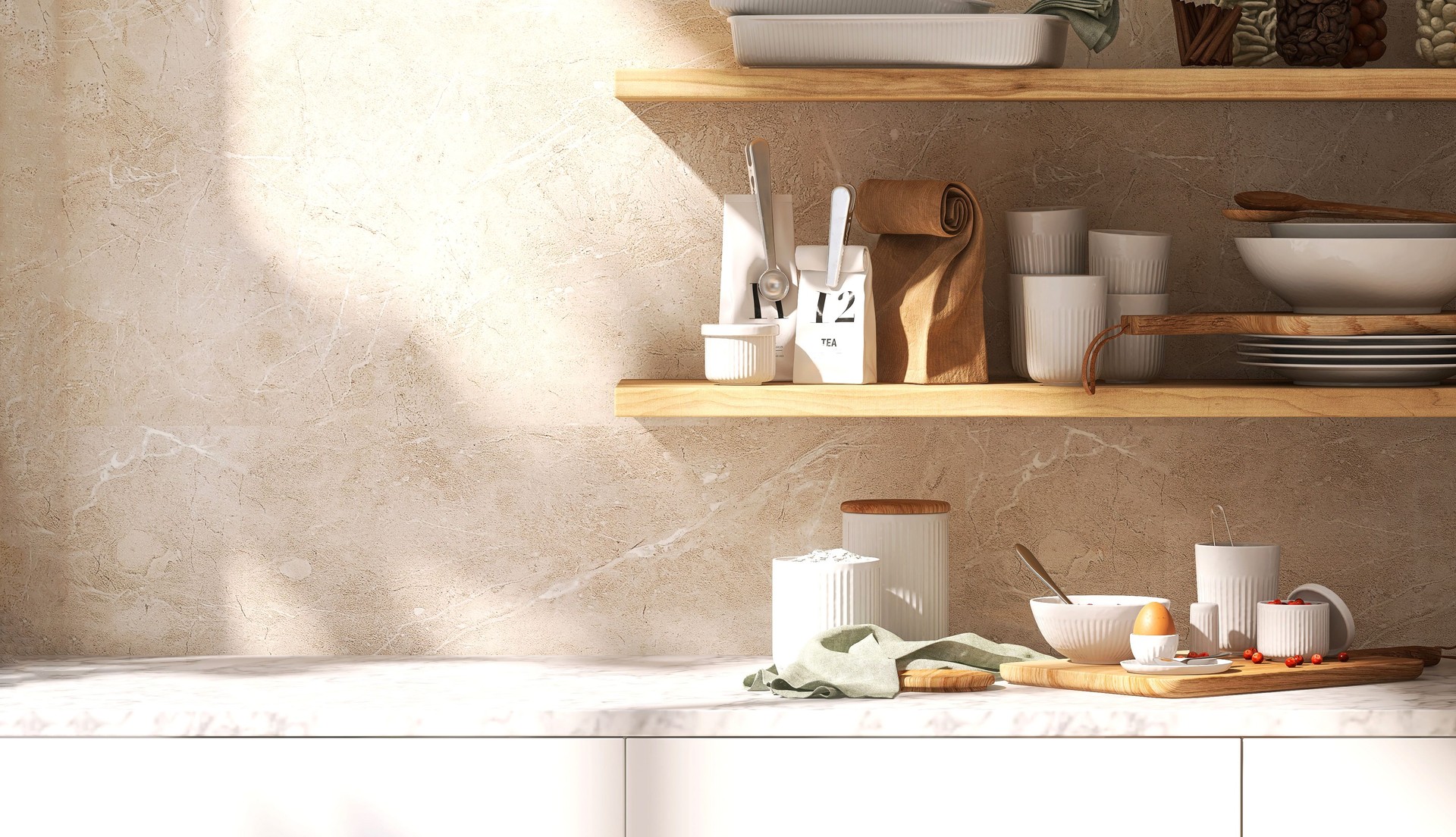 Modern, luxury built-in kitchen counter with wooden top, cabinet and shelf in sunlight and leaf shadow from window on marble wall